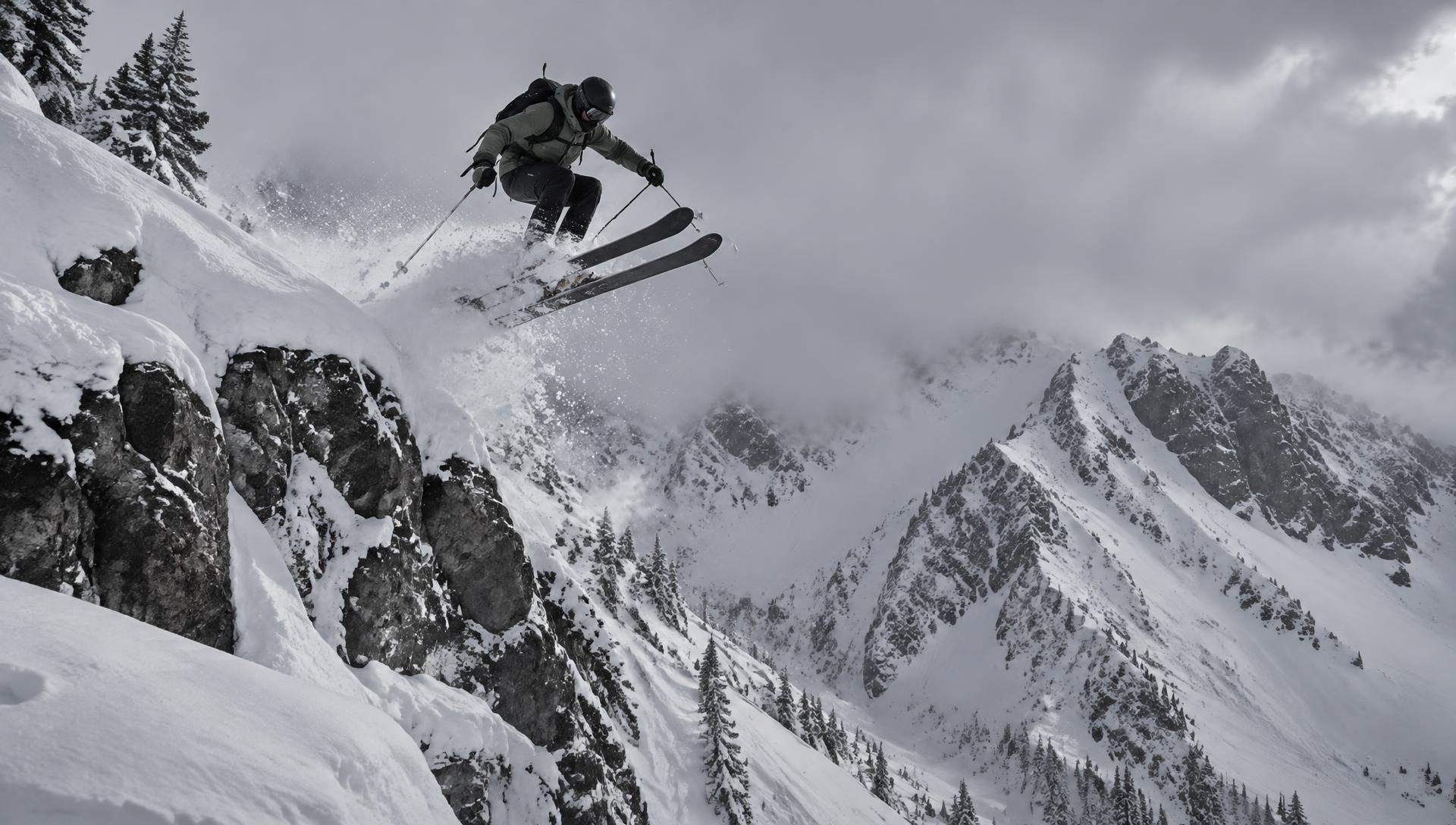 Freeride skier dropping a cliff in deep alpine powder